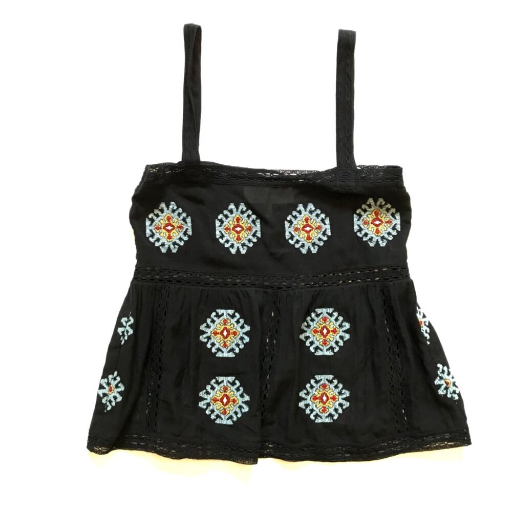The GREAT Roam Tank Top Blouse Womens 0 Black Blue Folklore Embroidered Cotton - Picture 4 of 11